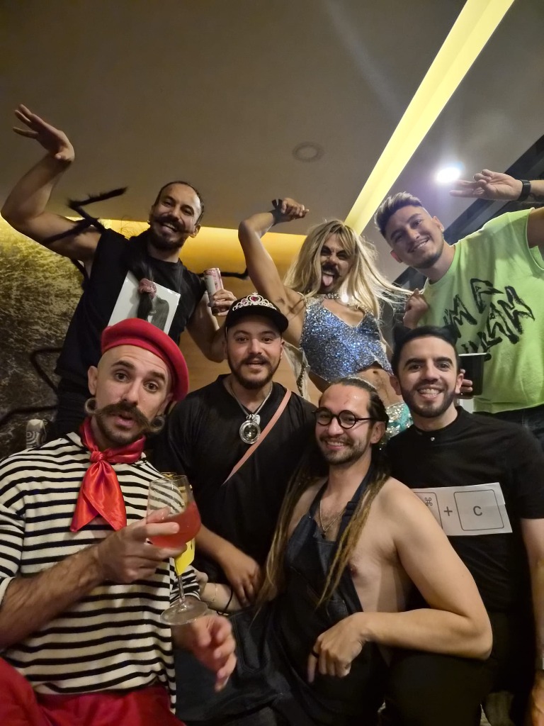 Friends in pun costumes including Copy Cat and French beret