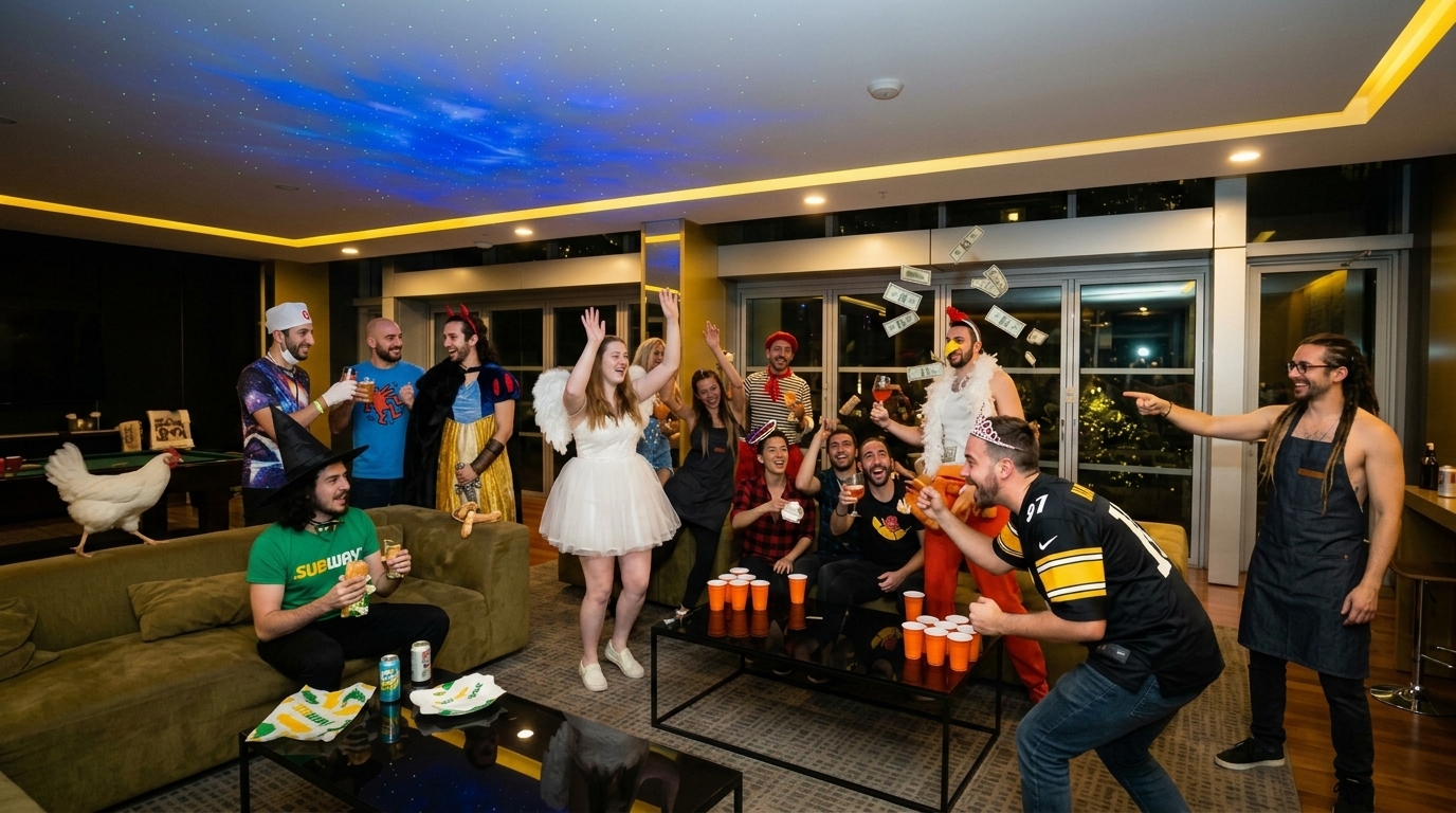 Friends dancing, playing beer pong, clinking drinks with chickens running around, dollar bills flying, and Subway wrappers in the starry lounge